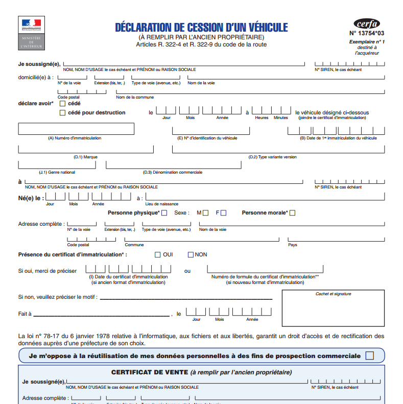 Formalaire déclaration de cession véhicule d’occasion